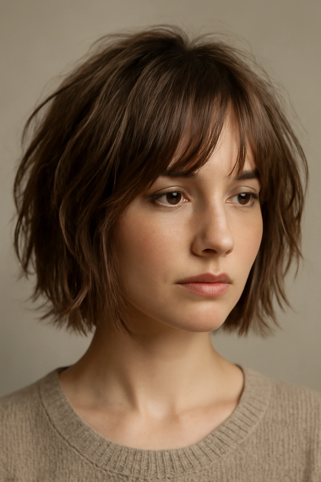 18 Short Bob Cuts For Fine And Thick Hair Alike 2 Close-up portrait of a person with a textured bob showing choppy layers.