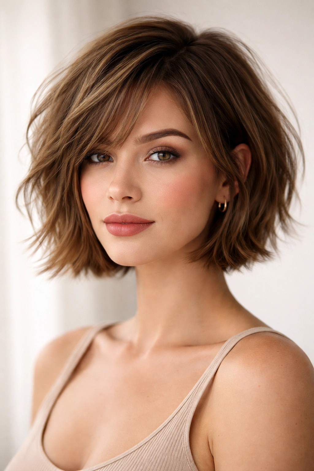 30 Short Haircuts That Flatter Almost Every Woman 28 Portrait of a person with a textured chin-length bob featuring choppy layers and movement.