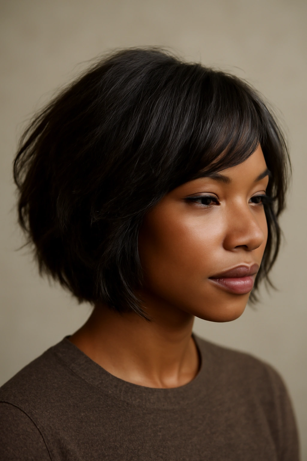 12 Short Relaxed Hairstyles Black Women Will Love 2 Three-quarter view of a chin-length textured bob with layered movement