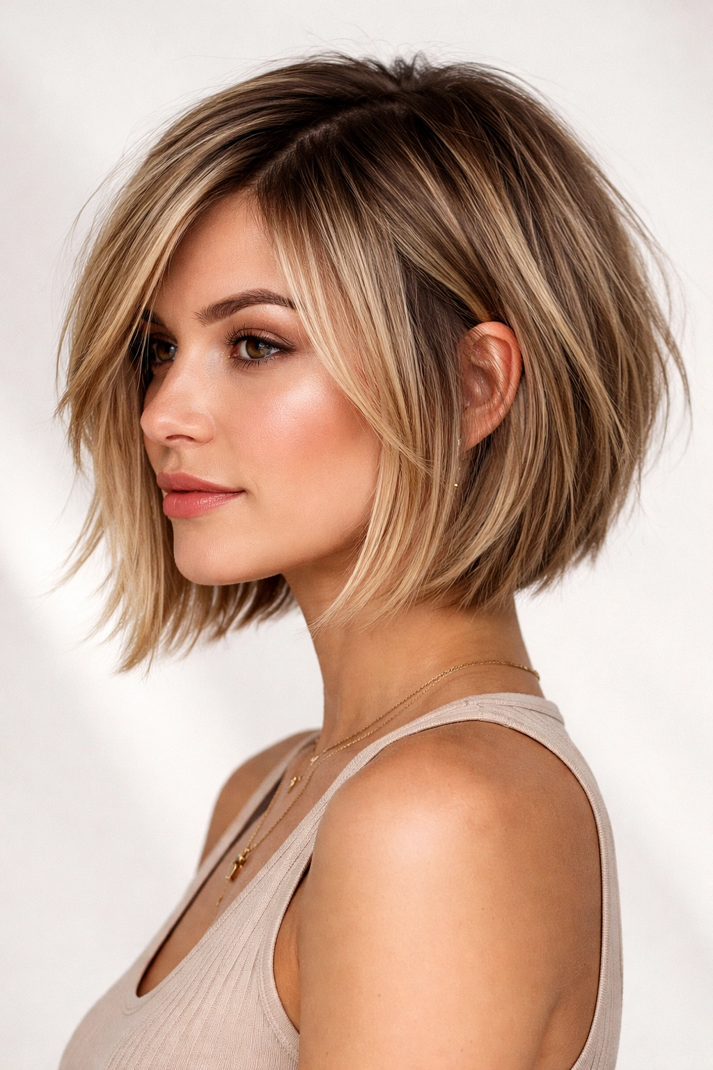 Portrait of textured choppy bob with longer layers on straight hair
