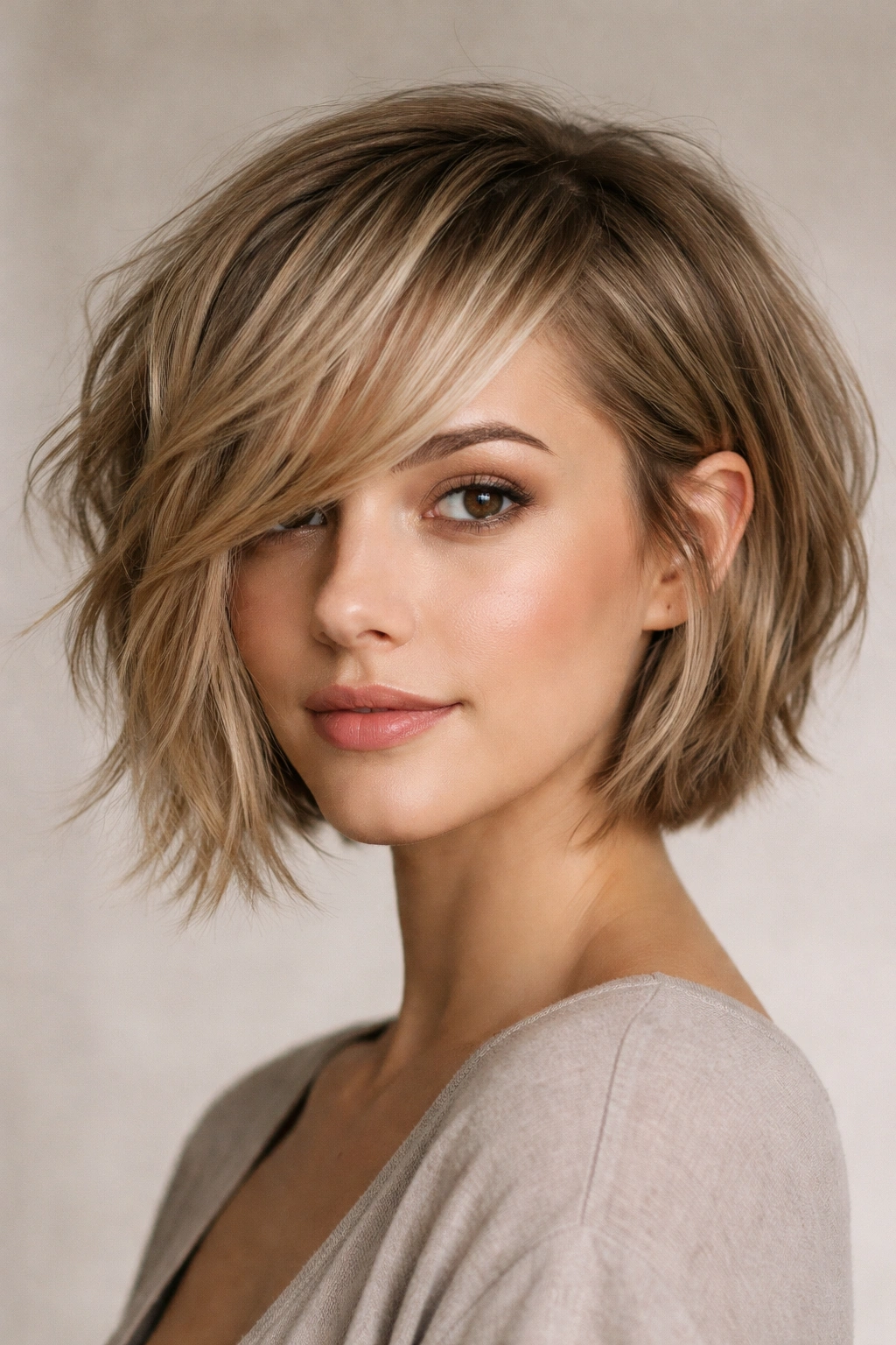 15 Chin Length Haircuts That Slim And Sculpt 13 Close-up three-quarter view of a textured bob with shorter back and longer front pieces framing the jaw