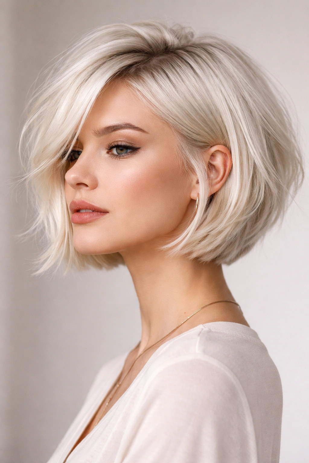 Close view of textured platinum blonde modern bob with layered ends
