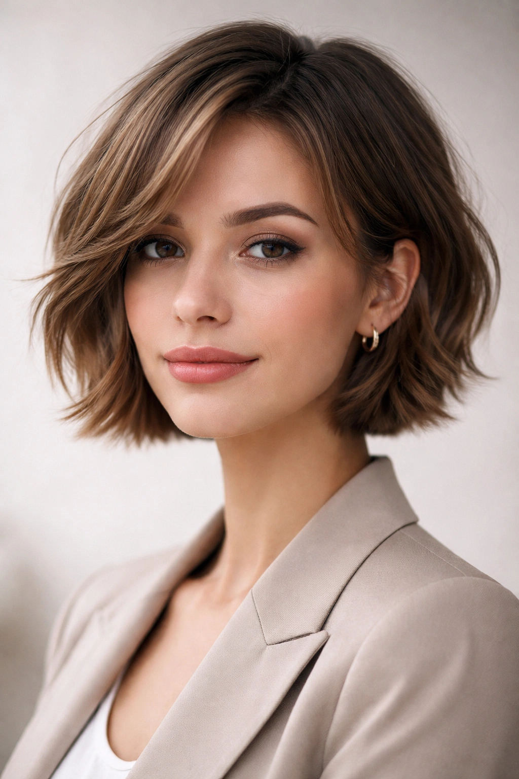 Close-up portrait of a person with a textured bob showing layered movement