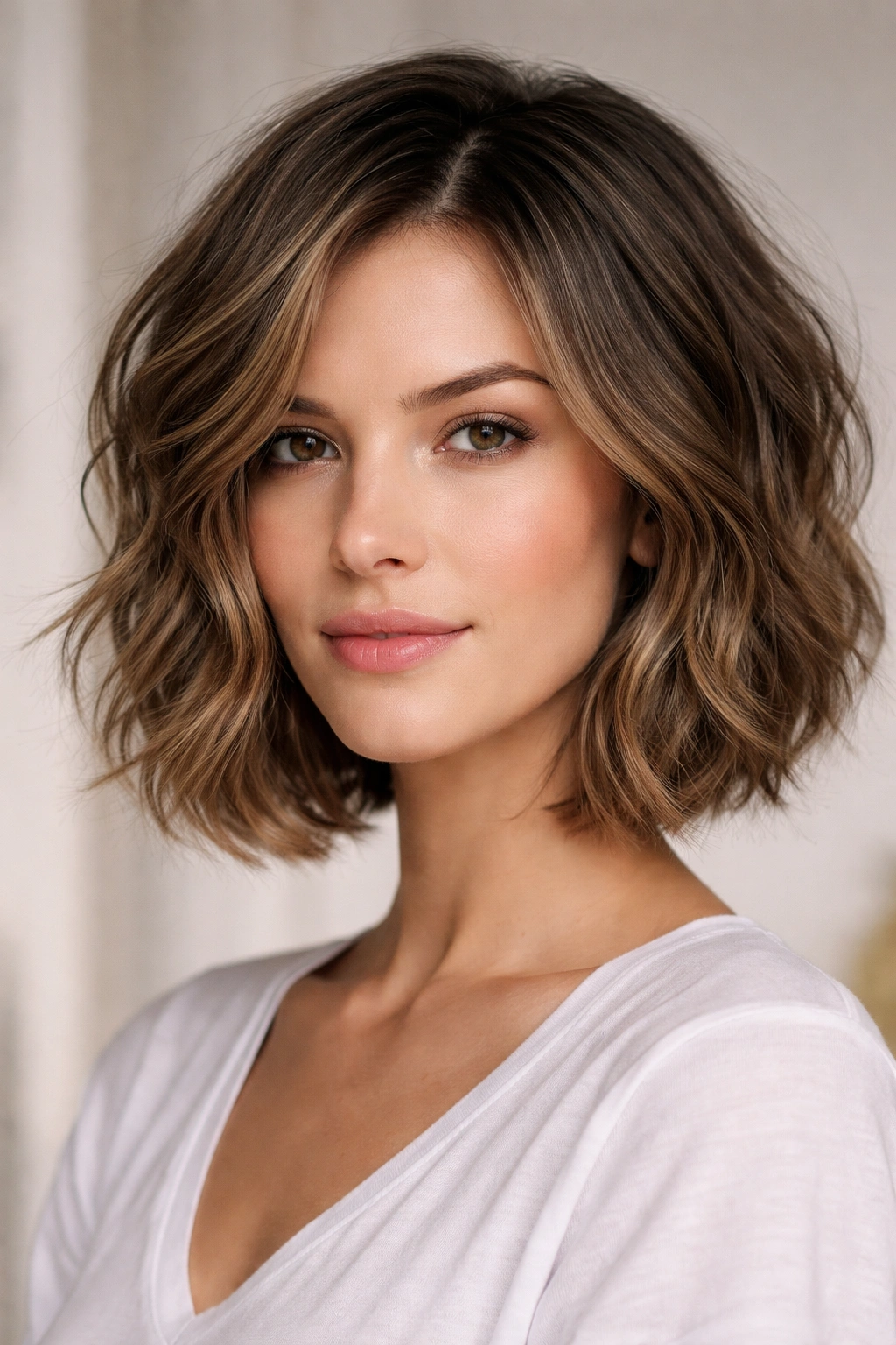 Close-up of a textured chin-length bob on wavy hair for a rectangle face