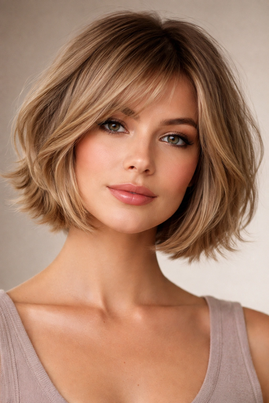 Textured bob with rounded layers creating width at cheeks