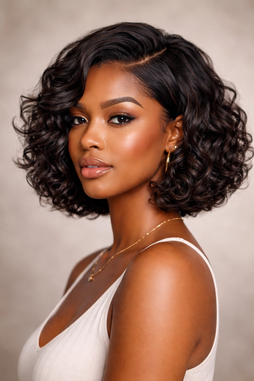 Chin-length textured bob sew-in on Black woman with defined curls