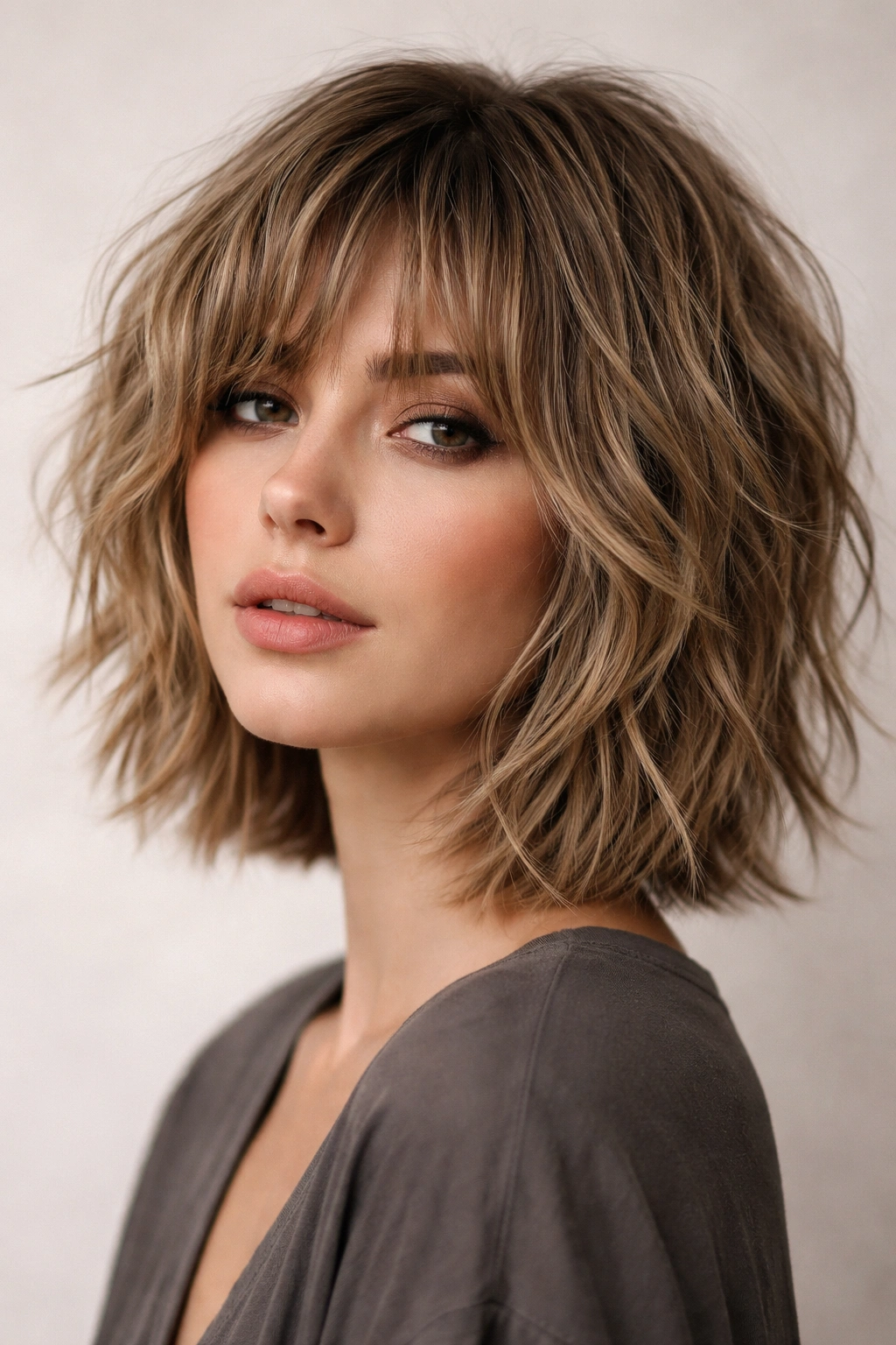 Close-up of a chin-length textured bob shag with choppy layers and movement