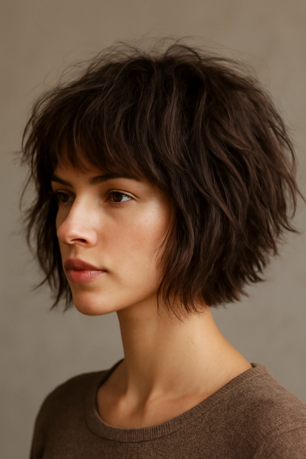 20 Short Shag Haircuts for Easy, Effortless Mornings 19 Close-up of textured bob shag hairstyle with layered movement in studio lighting