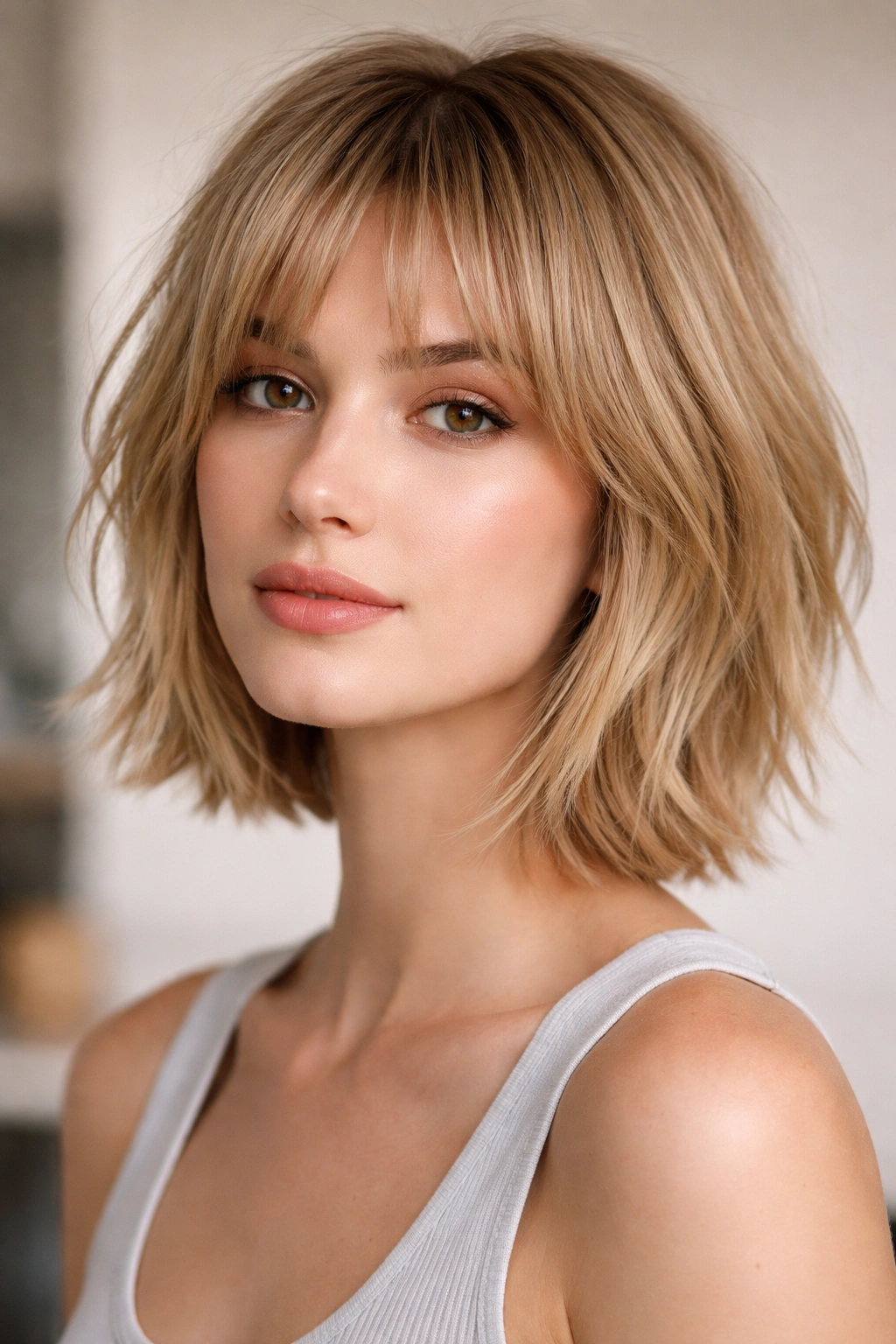 Close-up of chin-length textured bob on straight hair with choppy layers