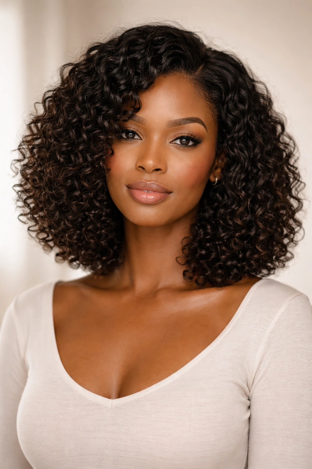 Close-up of a shoulder-length textured bob with defined curls at the collarbone on natural hair