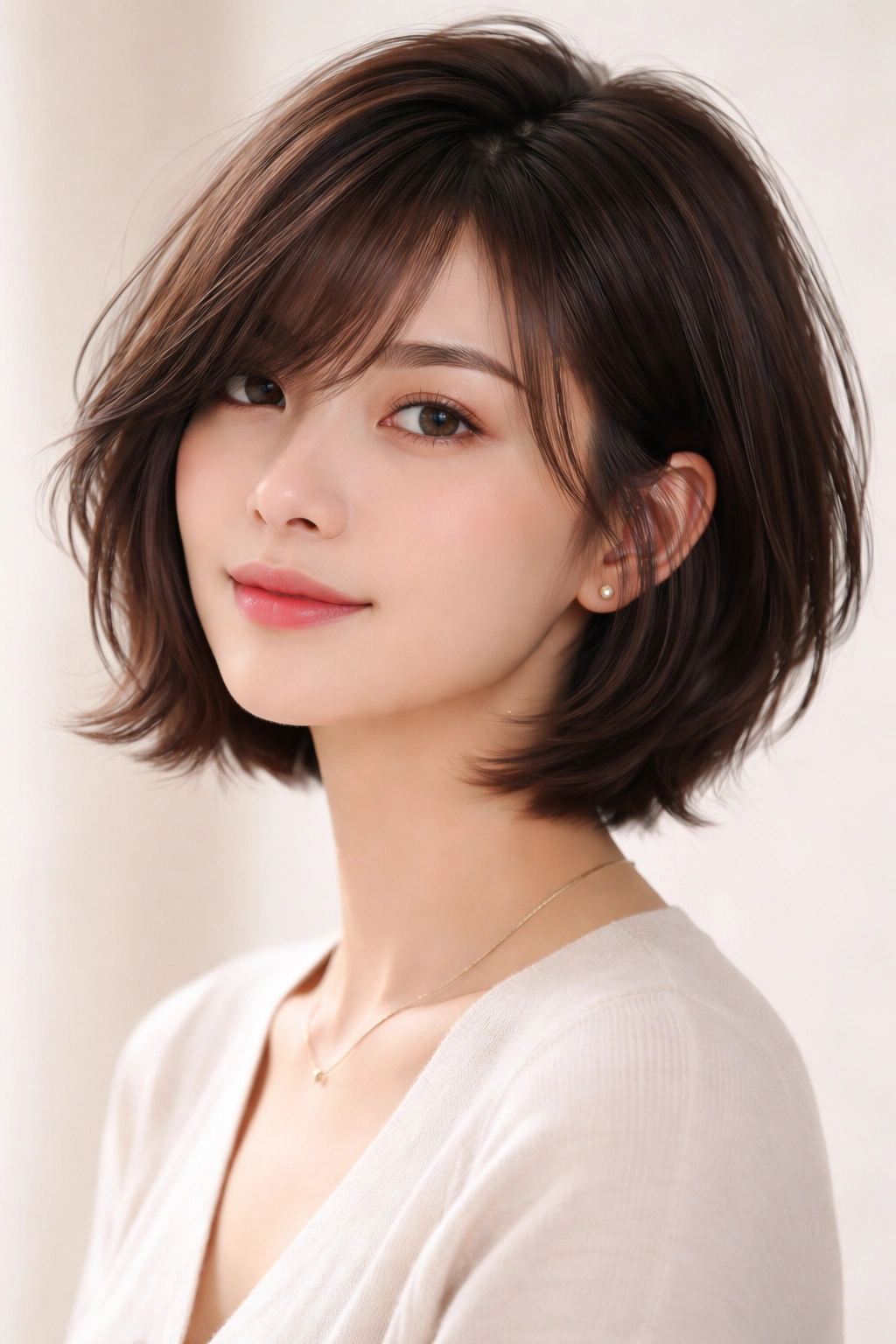 Close-up of textured bob with side bangs on a model showing chin-length layered cut