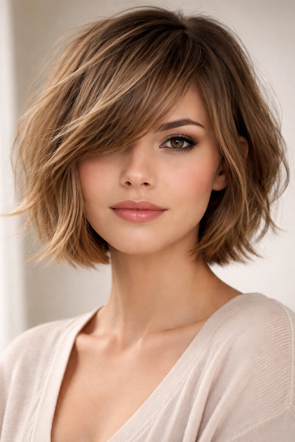Textured bob with side-swept bangs on a square-faced model in studio light
