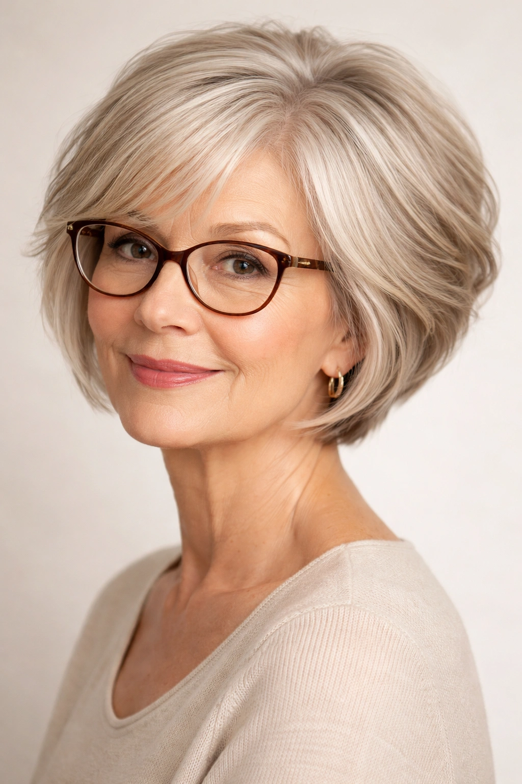 Portrait of a woman with a textured bob and stacked back layers, wearing glasses.