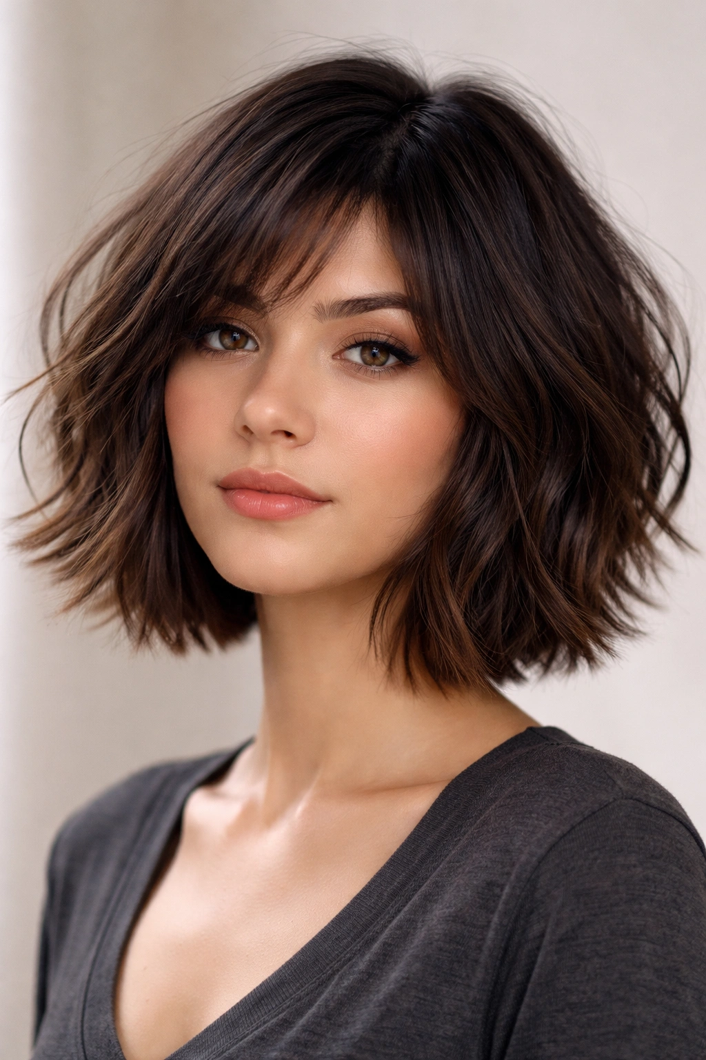 Textured bob on thick, coarse hair with choppy layers.