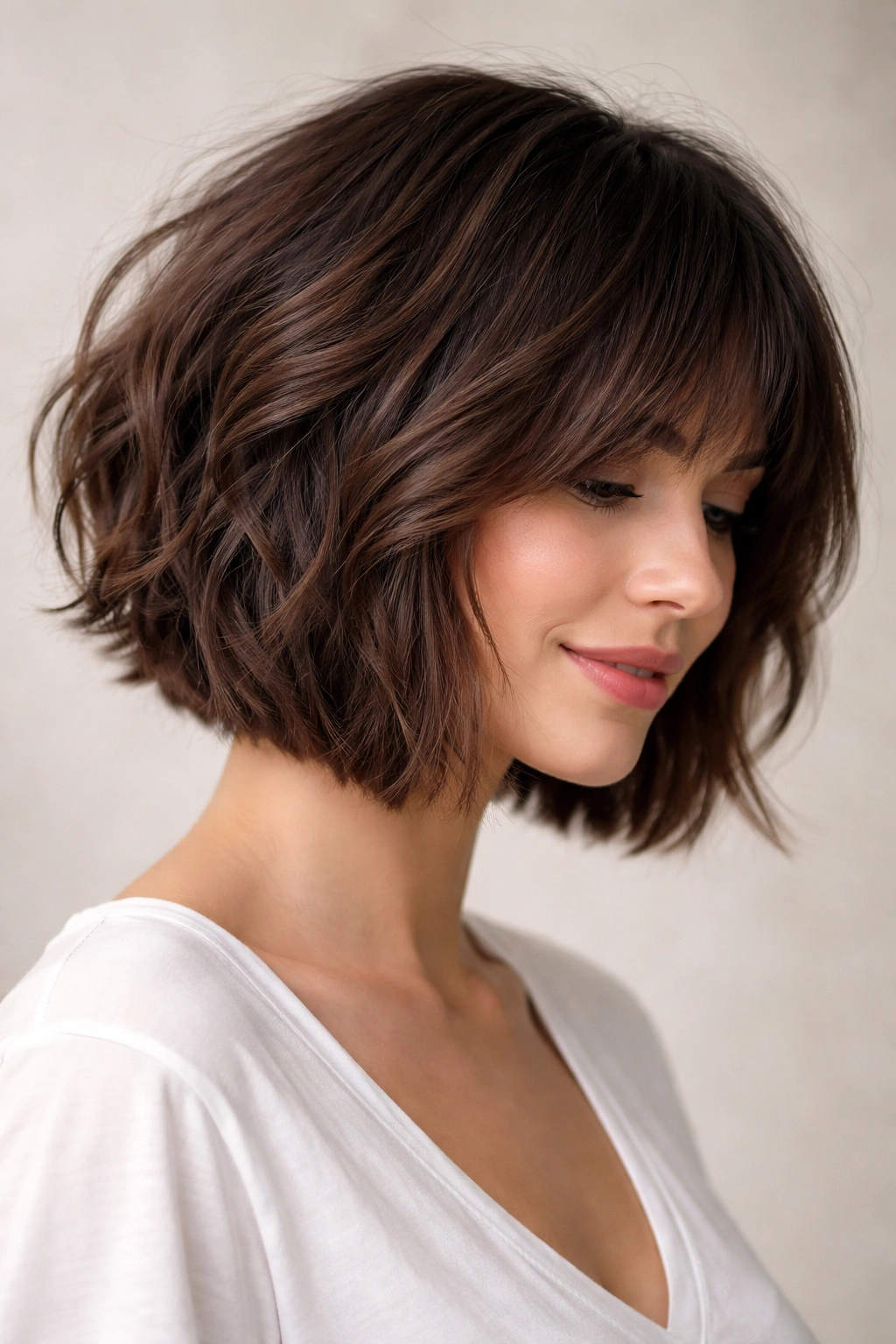 Textured bob on thick, dense hair with choppy layers