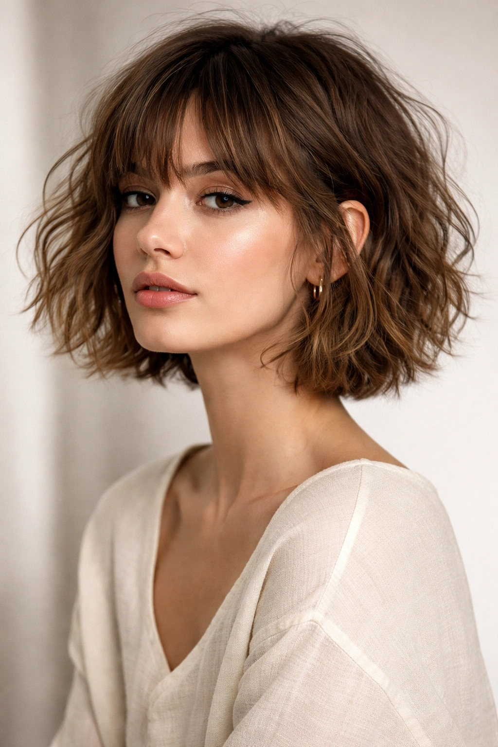Model with tousled textured French bob showing movement and layers