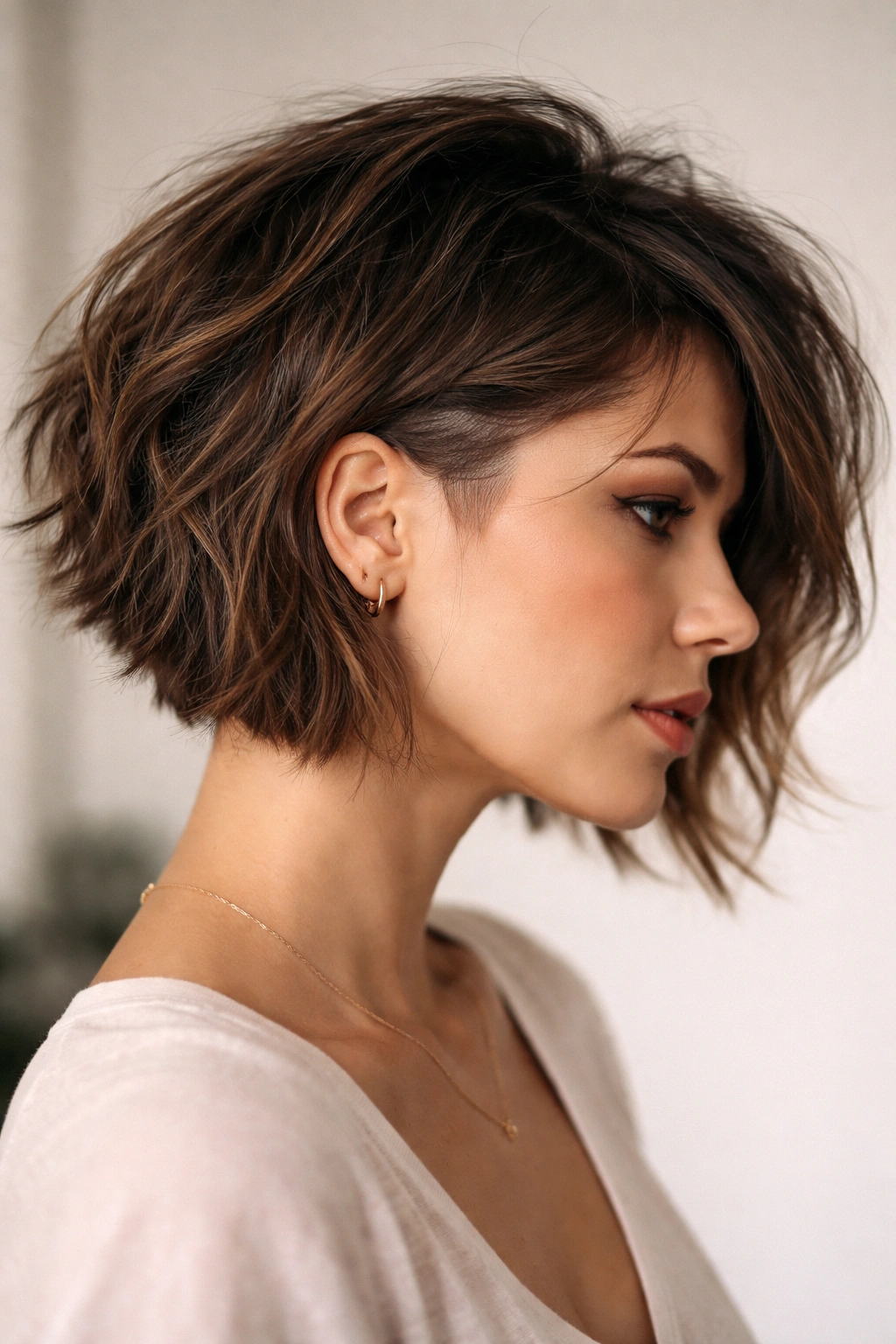 10 Shaved Bob Haircuts With An Effortless Edge 7 Close-up profile of a textured messy bob with a subtle temple undercut