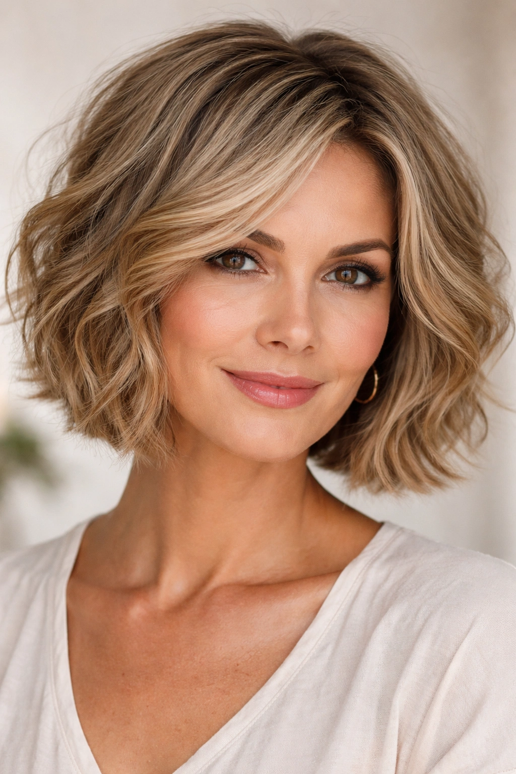 Chin-length textured bob with soft waves and internal layering