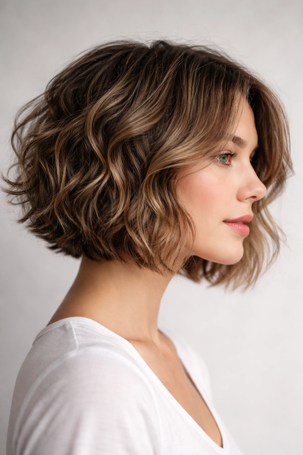 Close-up portrait of a person with The Textured Bob showing chin-length, choppy layers on wavy hair.
