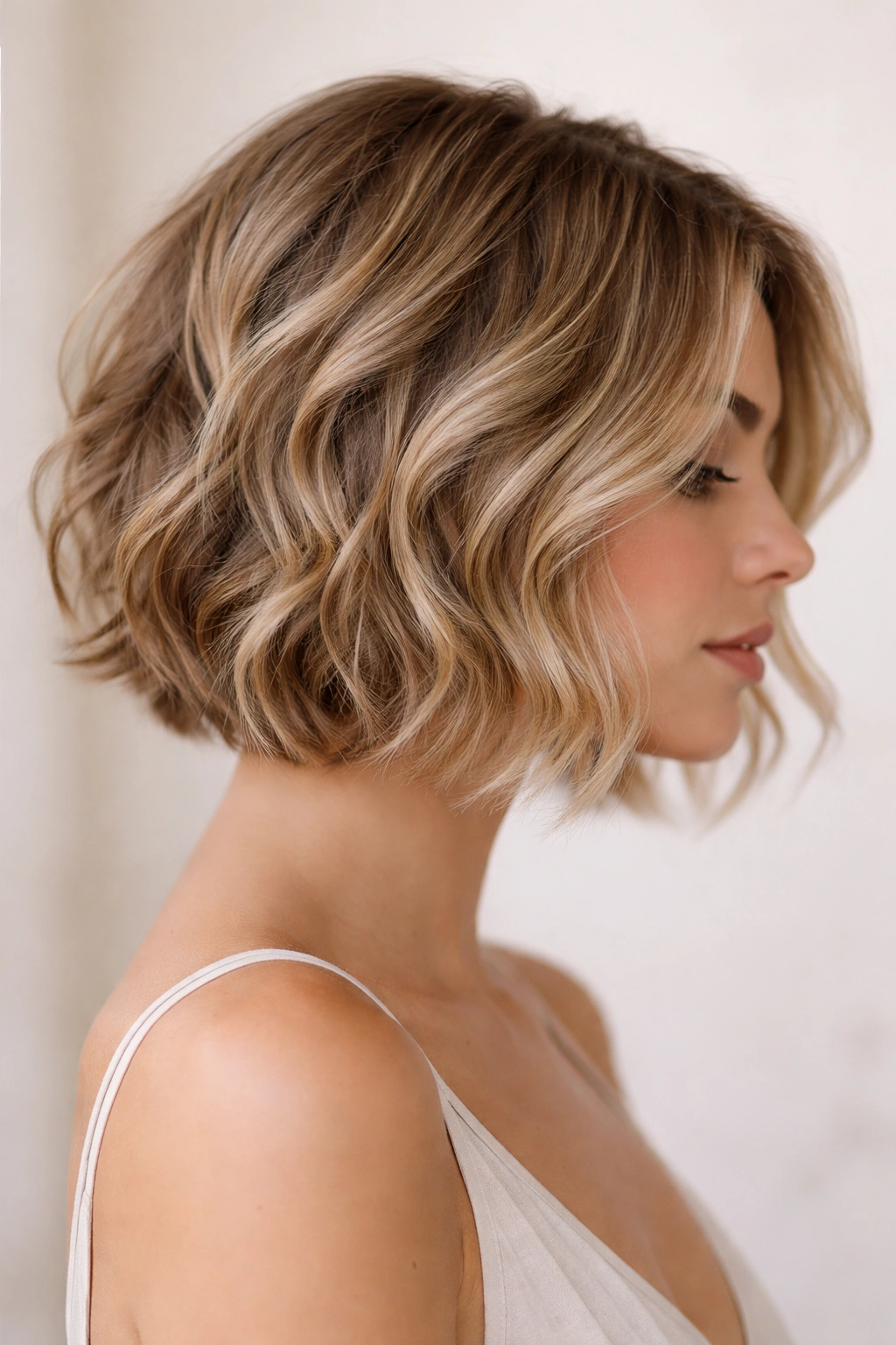 Close-up side view of a textured bob with tousled waves and pieces