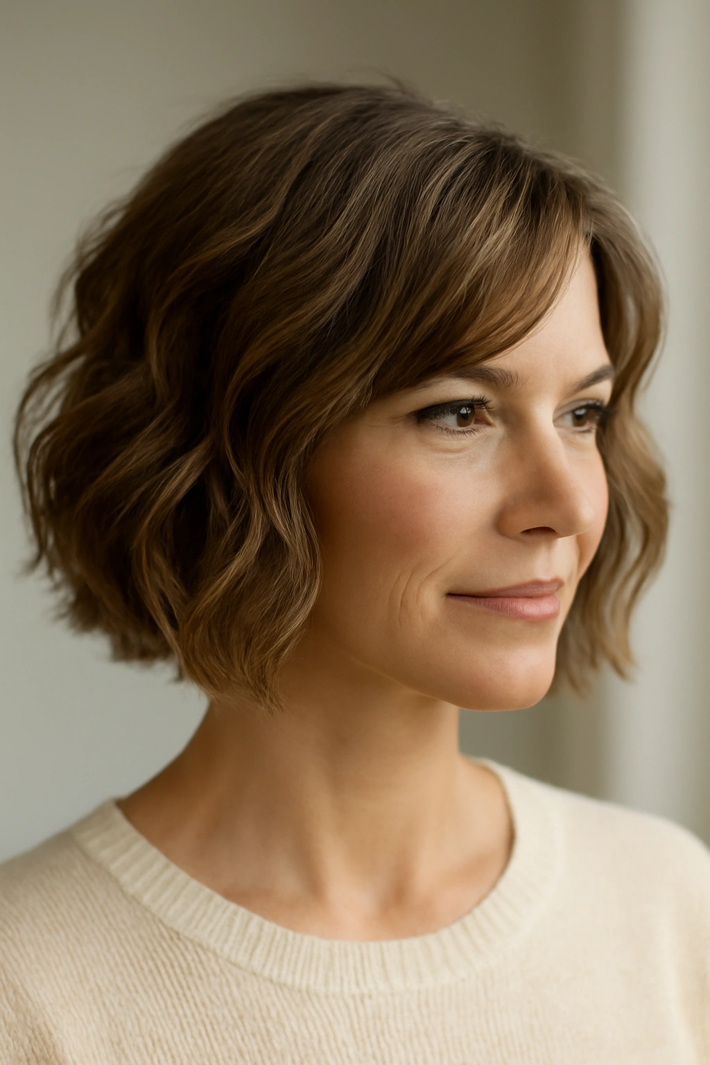 Mother of the Groom? 8 Elegant Short Hair Styles 2 Close-up of Textured Bob with Soft Waves showing movement and face-framing layers