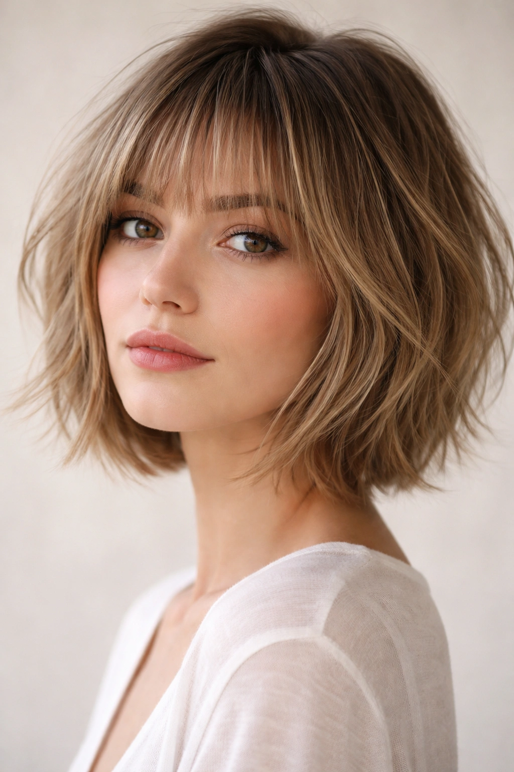 15 Medium Short Haircuts With Bangs That Flatter 1 Portrait of a model with a textured bob and wispy bangs in studio lighting