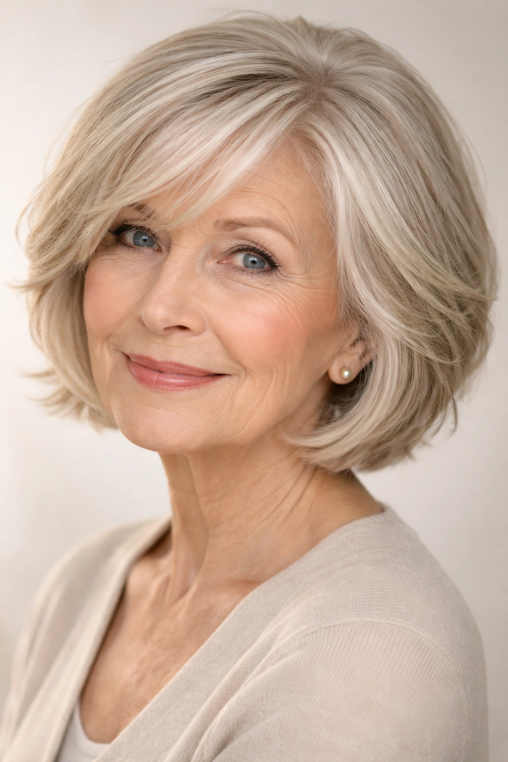 Older woman with chin-length textured bob and wispy layers