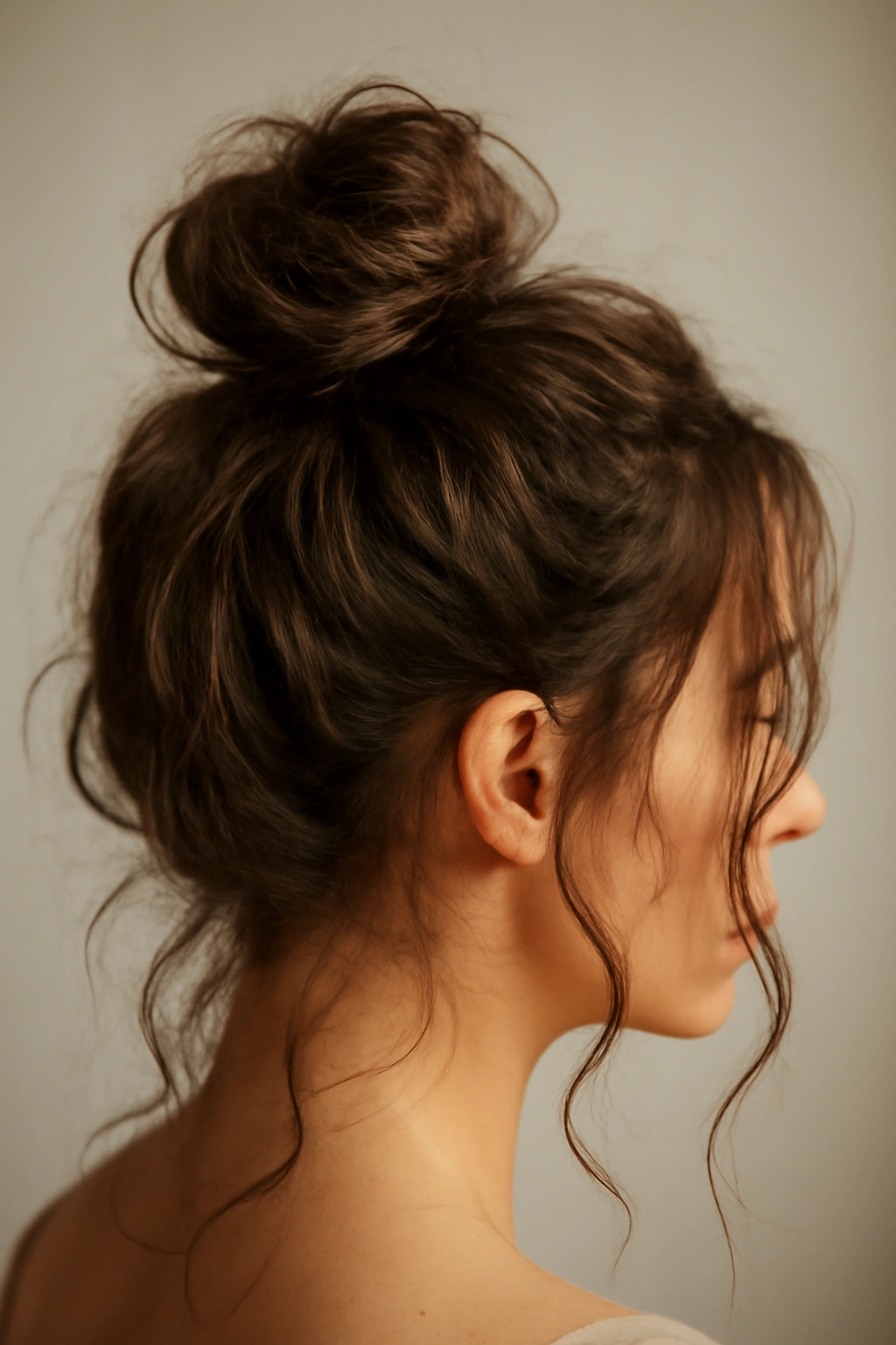 5 Easy Messy Top Knot Styles for Any Hair Length 2 Textured boho knot on crown with loose strands and visible texture