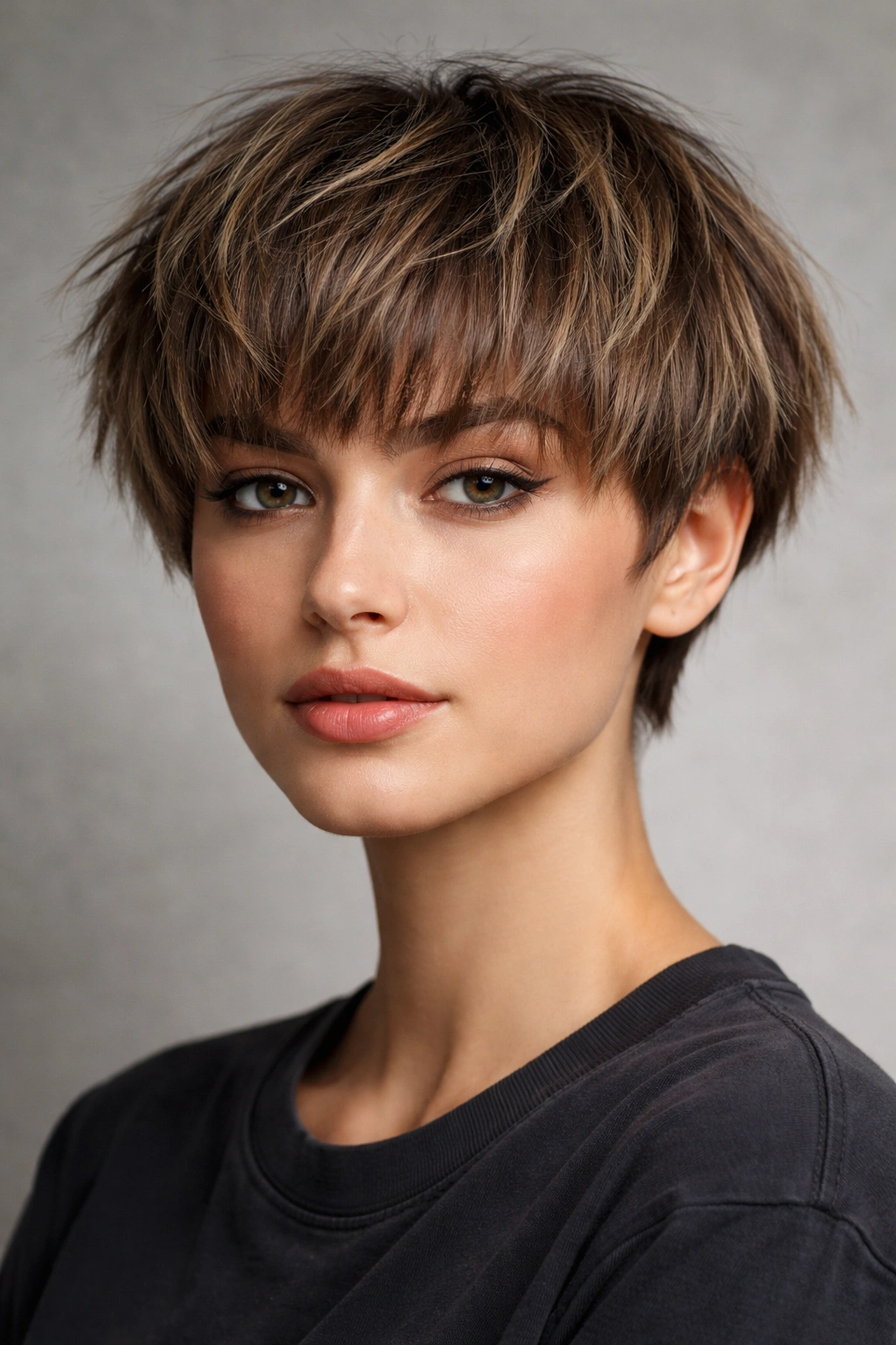 Close-up of a textured, choppy bowl cut with uneven layers catching light