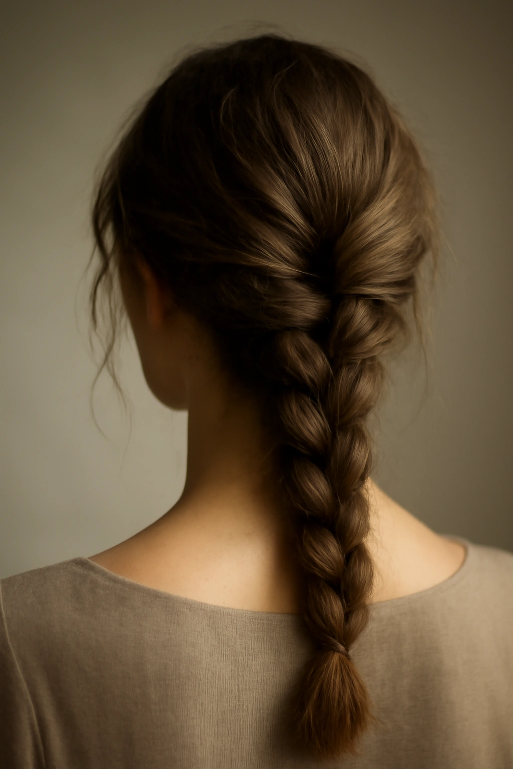10 Effortless Hairstyles for Any Formal Event 7 Close-up of a loose textured low braid at the nape of the neck with soft lighting