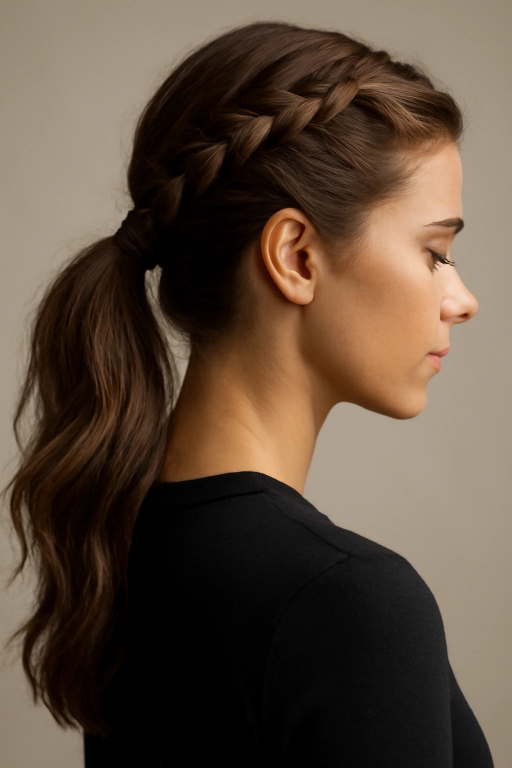 15 Ponytail Hairstyles for Work and Nights Out 14 Close-up of a textured side braid forming a ponytail, showing braid texture.