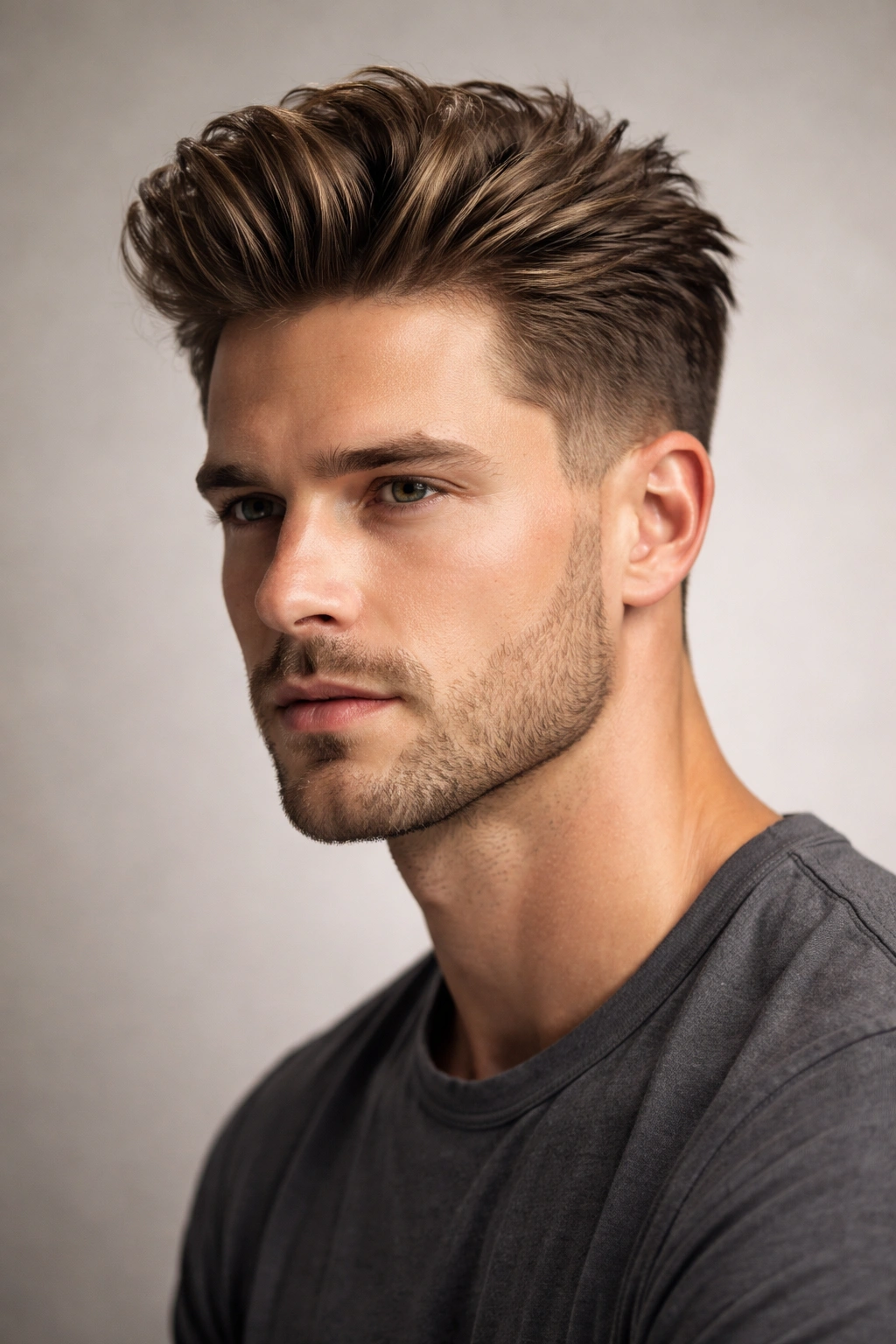 Portrait of a man with a textured brush-back hairstyle showing layered top and faded sides