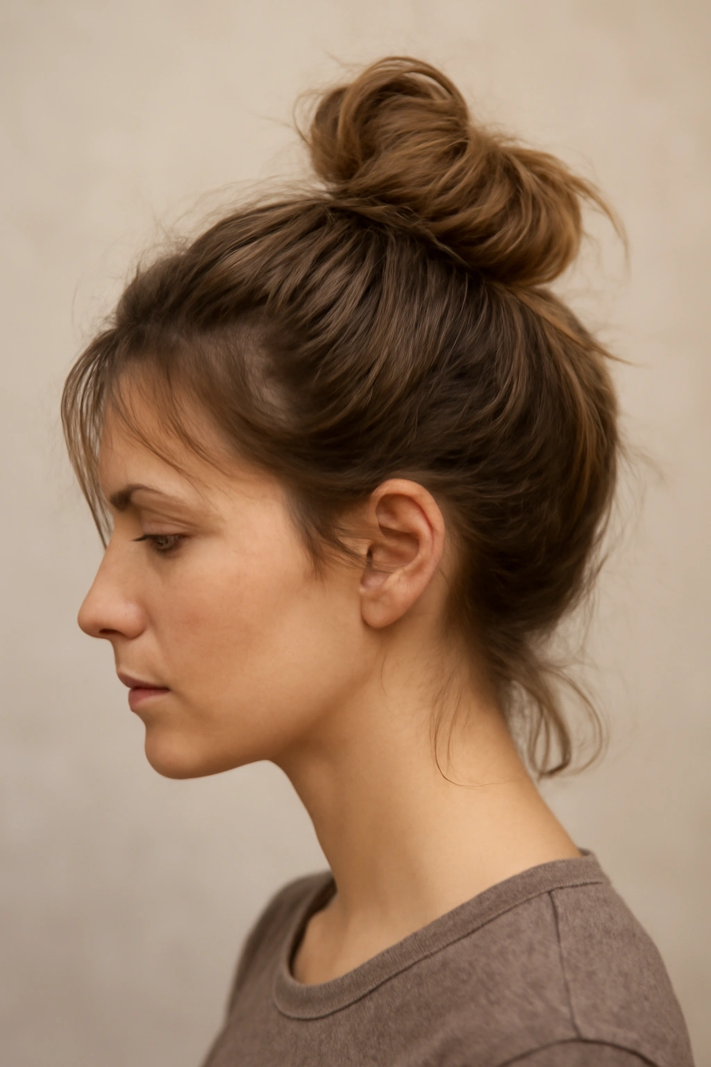 8 Messy Bun Ideas for Short Hair That Actually Stay 1 Close-up profile of a short hairstyle featuring a high textured bun at the crown