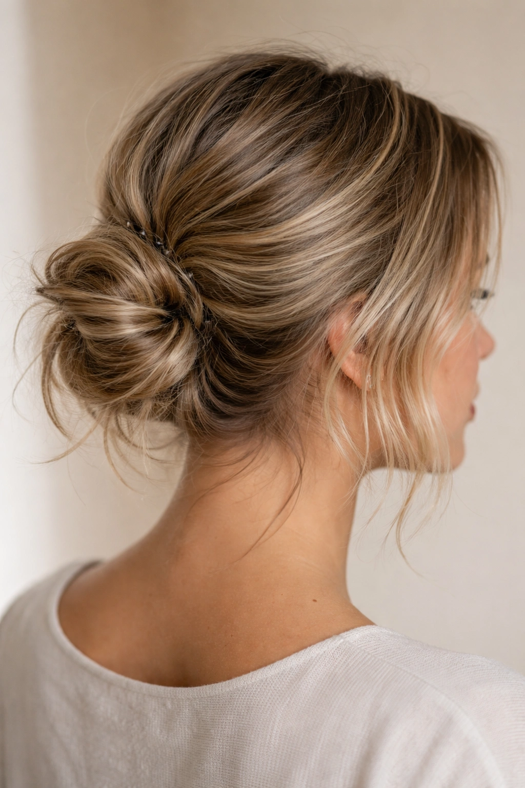 Close-up of a textured messy bun with grip on short hair.