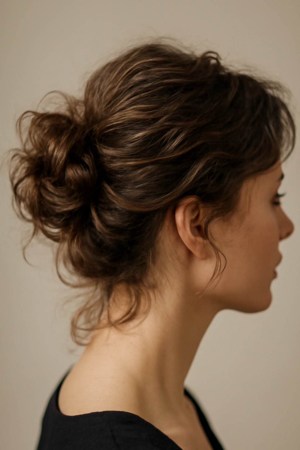 10 Cute Bun Styles for Short Hair That Hold Up Well 7 Close-up of a textured loose bun on short wavy hair with visible grip