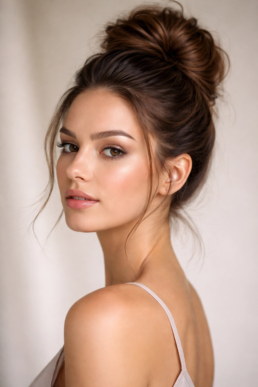 15 Hairstyles That Flatter An Oval Face Shape 12 Textured bun with dimensional wraps and exposed neck