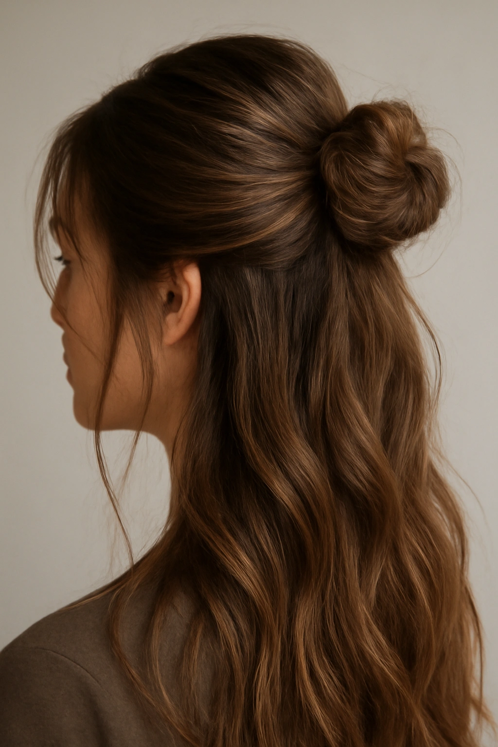 25 Effortless Long Hair Hairstyles Every Woman Needs 25 Close-up of a textured half-up bun with wispy face-framing pieces in studio lighting