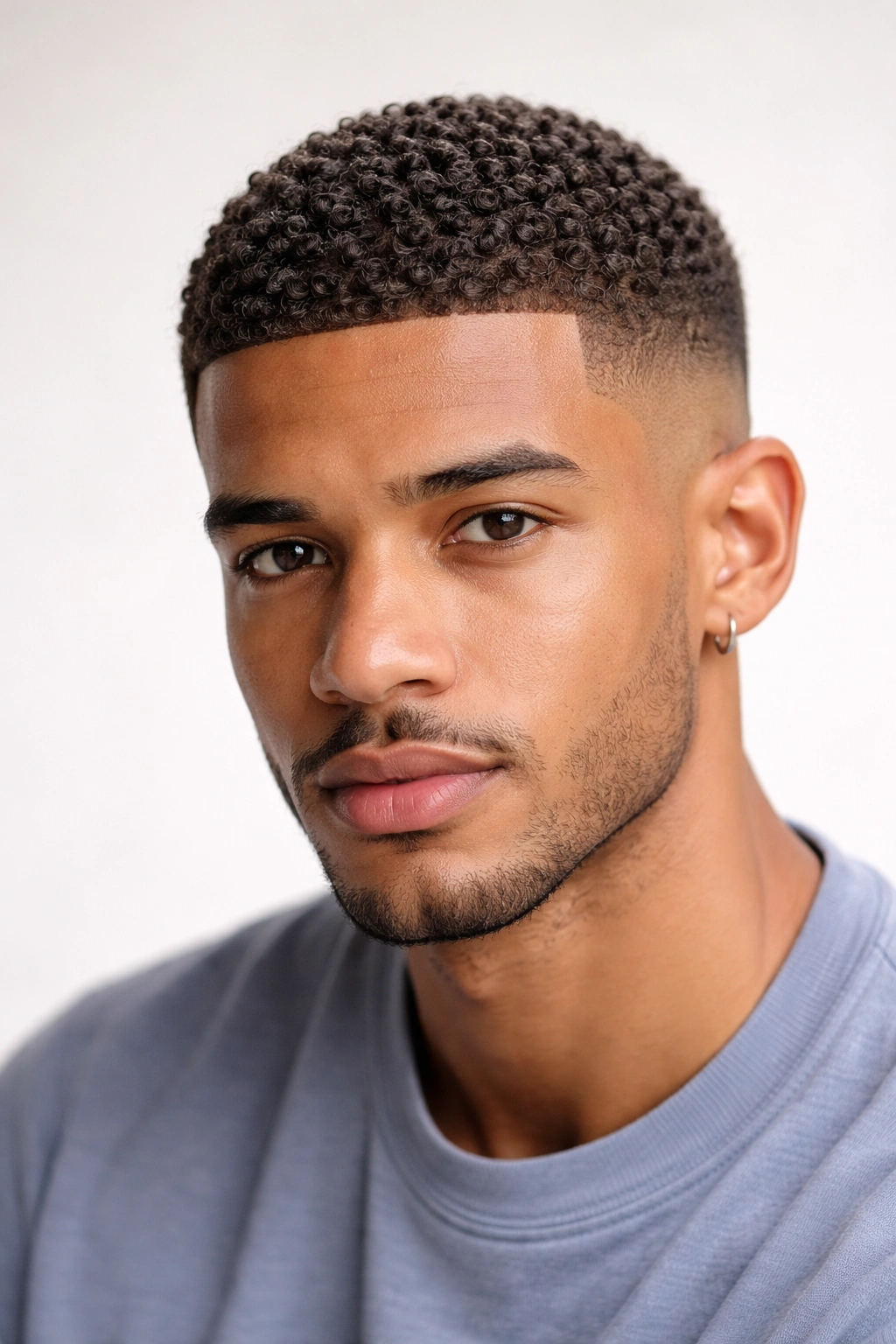 Close-up of a textured buzz cut highlighting curl pattern