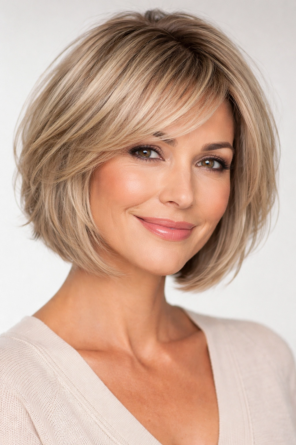 Textured chin-length bob with bevelled edges creating fullness at the jawline