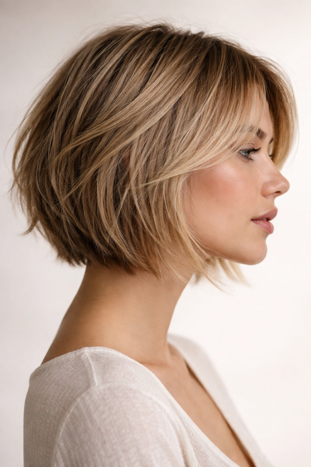 Close-up of a textured chin-length bob with tapered feathering and movement