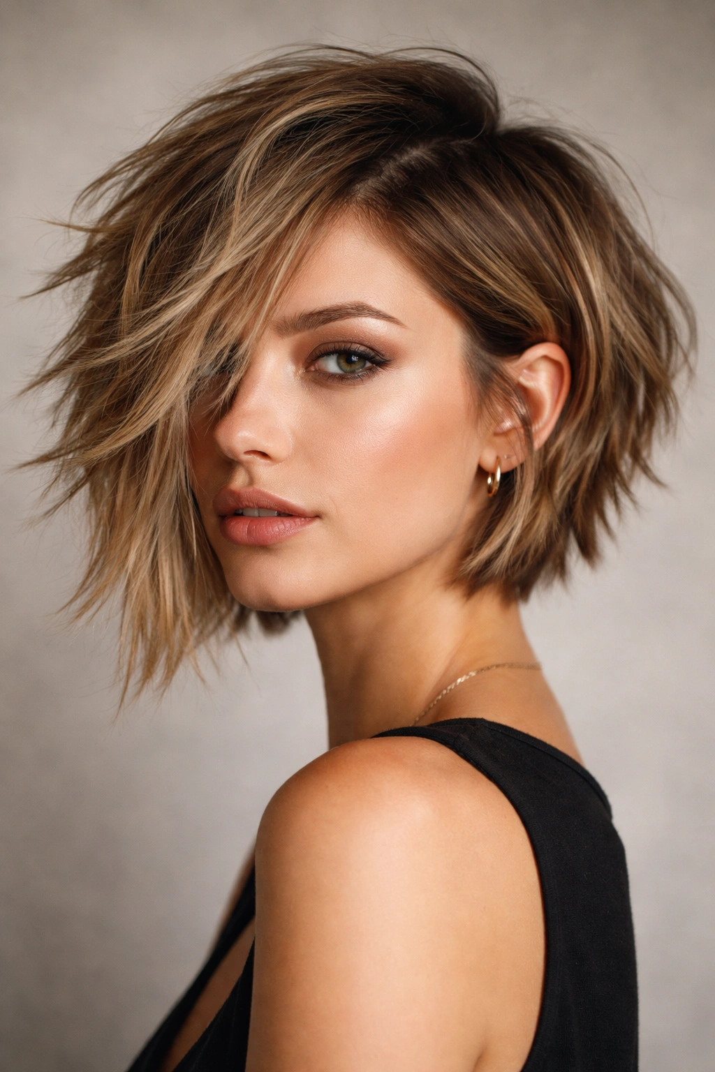 Portrait of a textured choppy asymmetrical bob with tousled layers