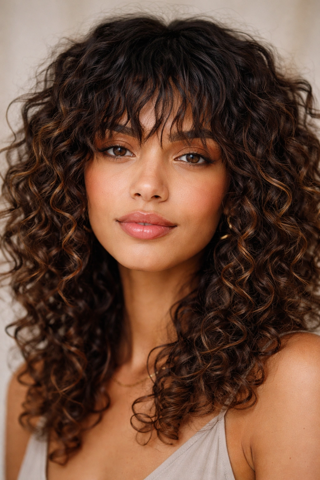 18 Gorgeous Ways To Wear Bangs With Curly Hair 7 Close-up of textured and choppy bangs on curly hair.