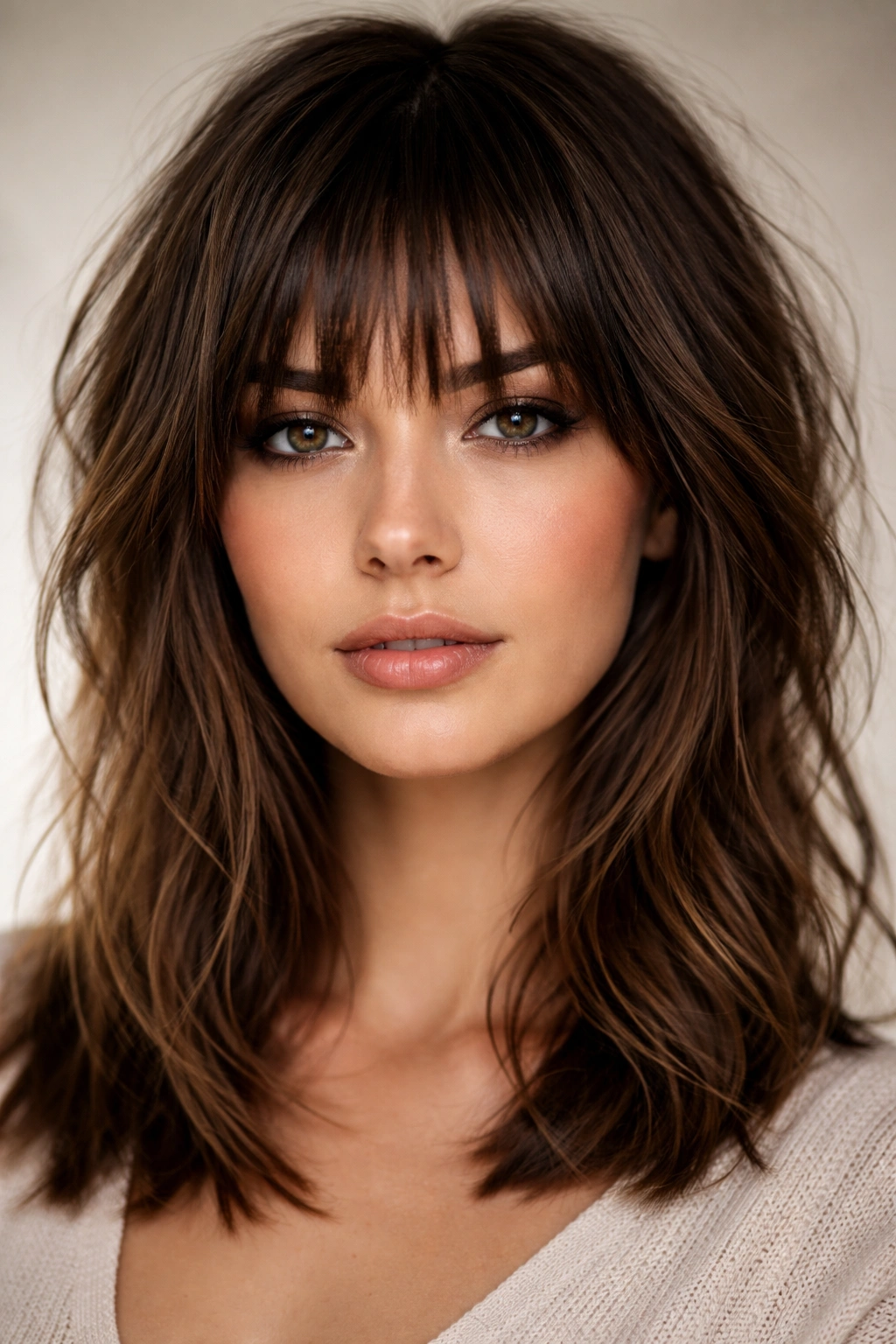 Portrait showing textured, choppy bangs with imperfect layers.