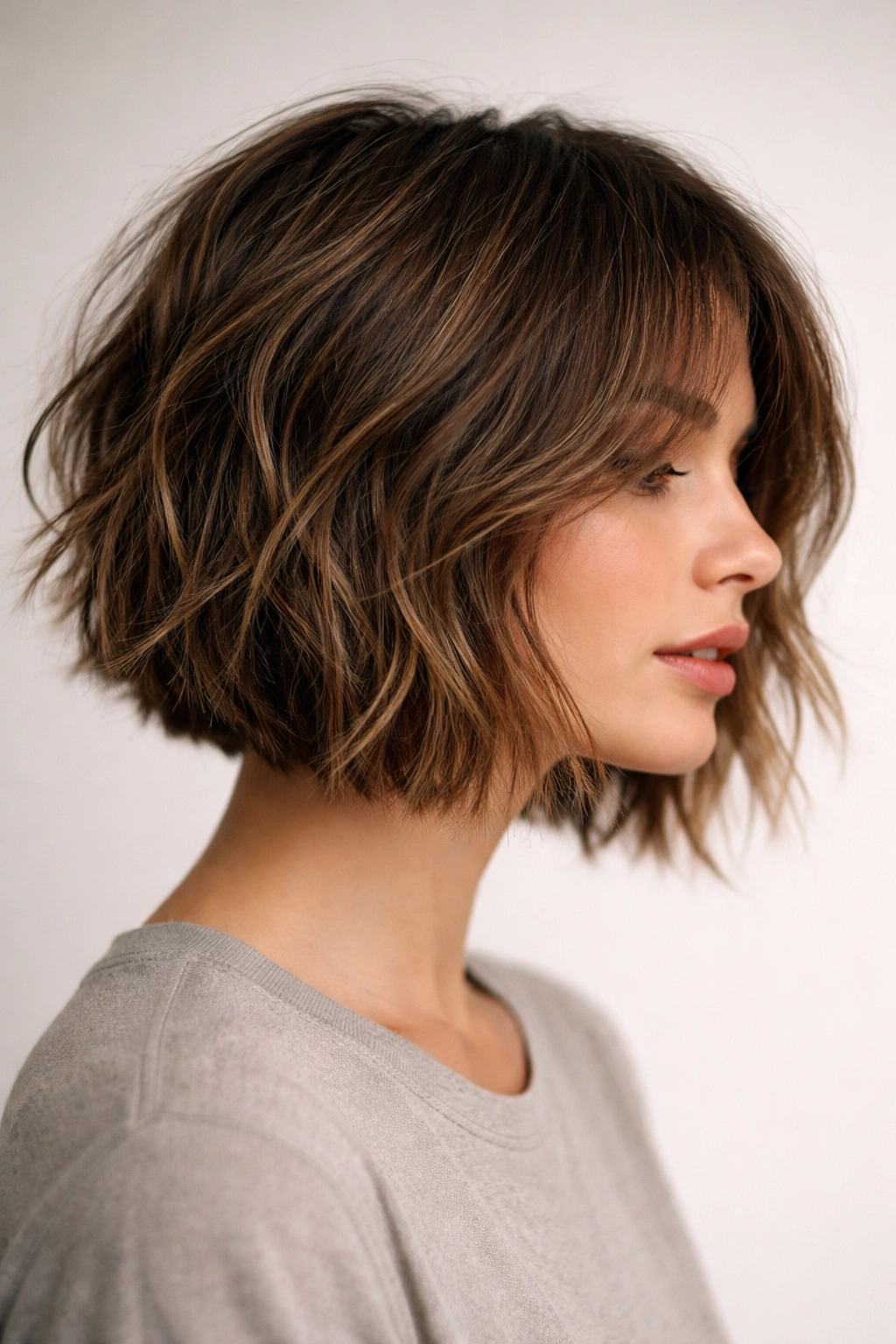 Close-up of a textured, choppy bob with layered ends and visible movement.