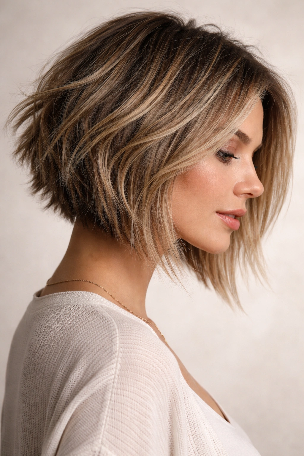 Close-up of textured choppy bob with visible chops and front-longer length