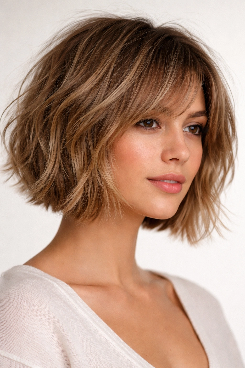 Portrait of a person with a textured choppy bob showing disconnected layers and movement
