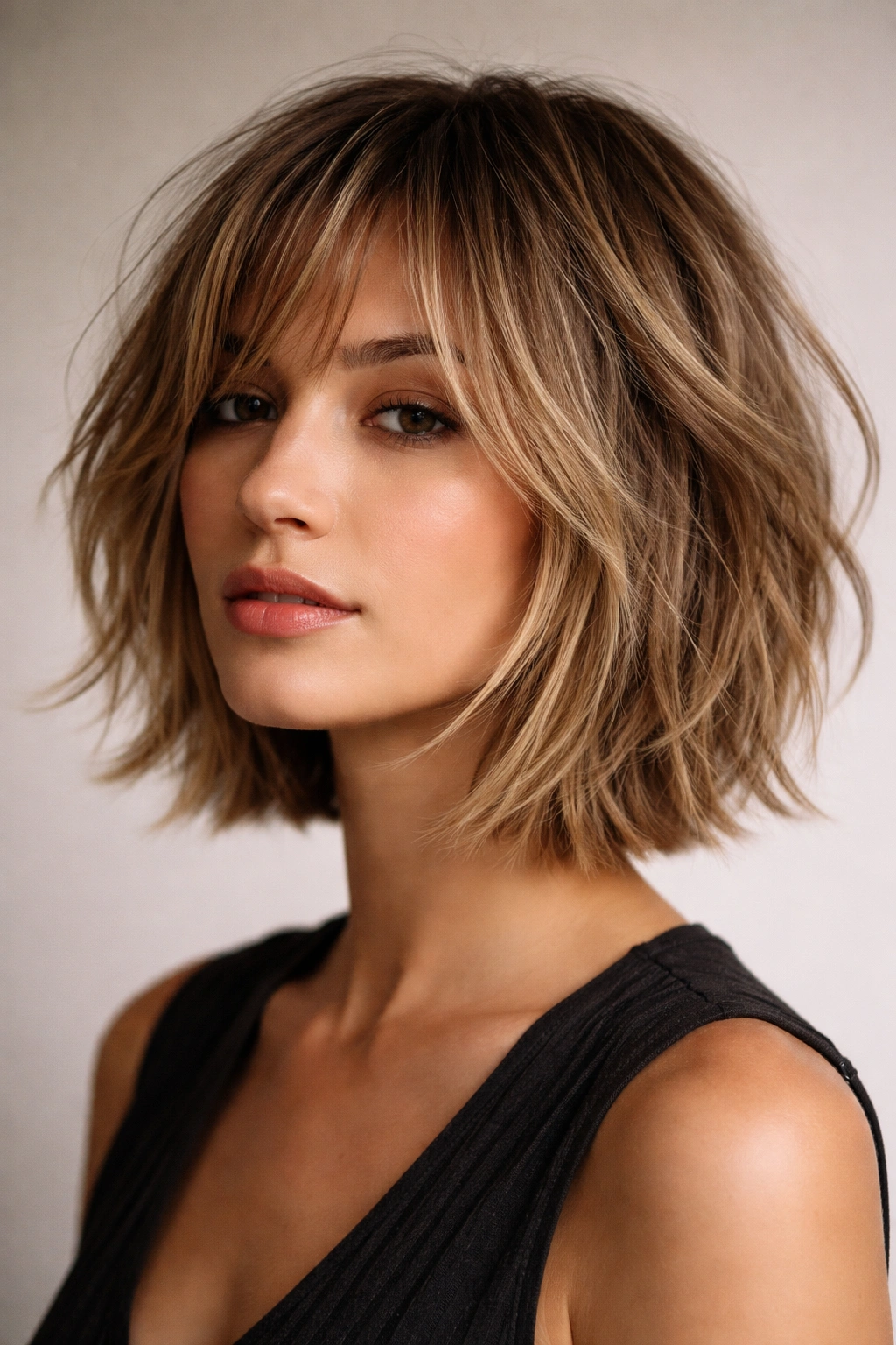 12 Face Framing Layer Cuts For Every Hair Length 1 Close-up of chin-length textured choppy layers framing the face