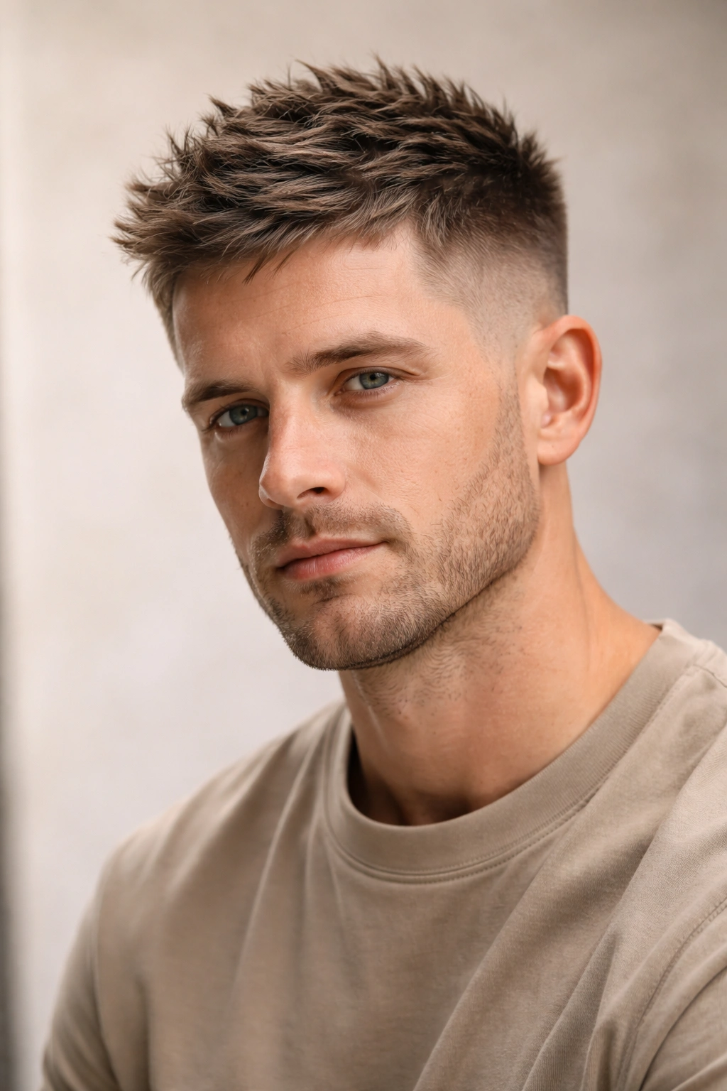 12 Short Haircuts That Work Around Cowlicks 6 Head-and-shoulders of a textured crew cut showing layered top.