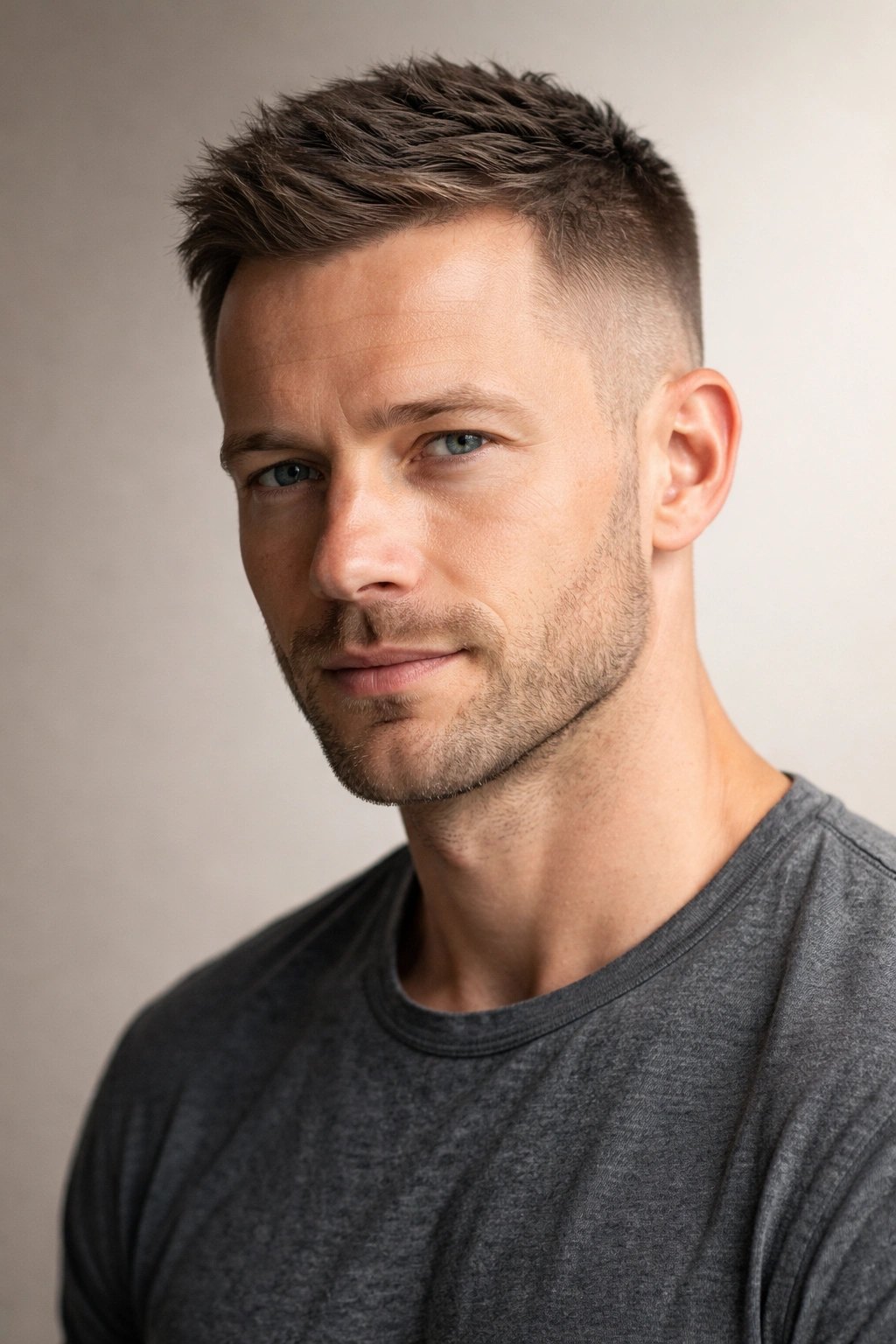 Man with textured crew cut showing layered top