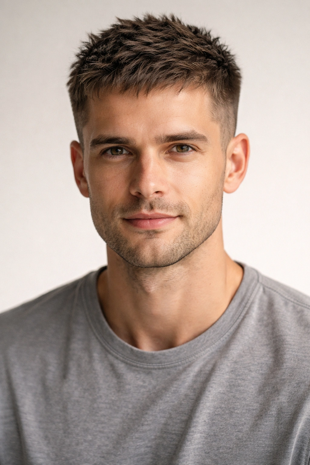 Portrait of a person with a short, textured crew cut showing choppy top texture